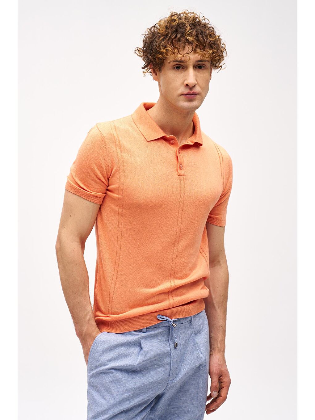 Turuncu Mercan Slim Fit Dar Kalıp Polo Yaka Düz Kısa Kollu Triko Tişört
