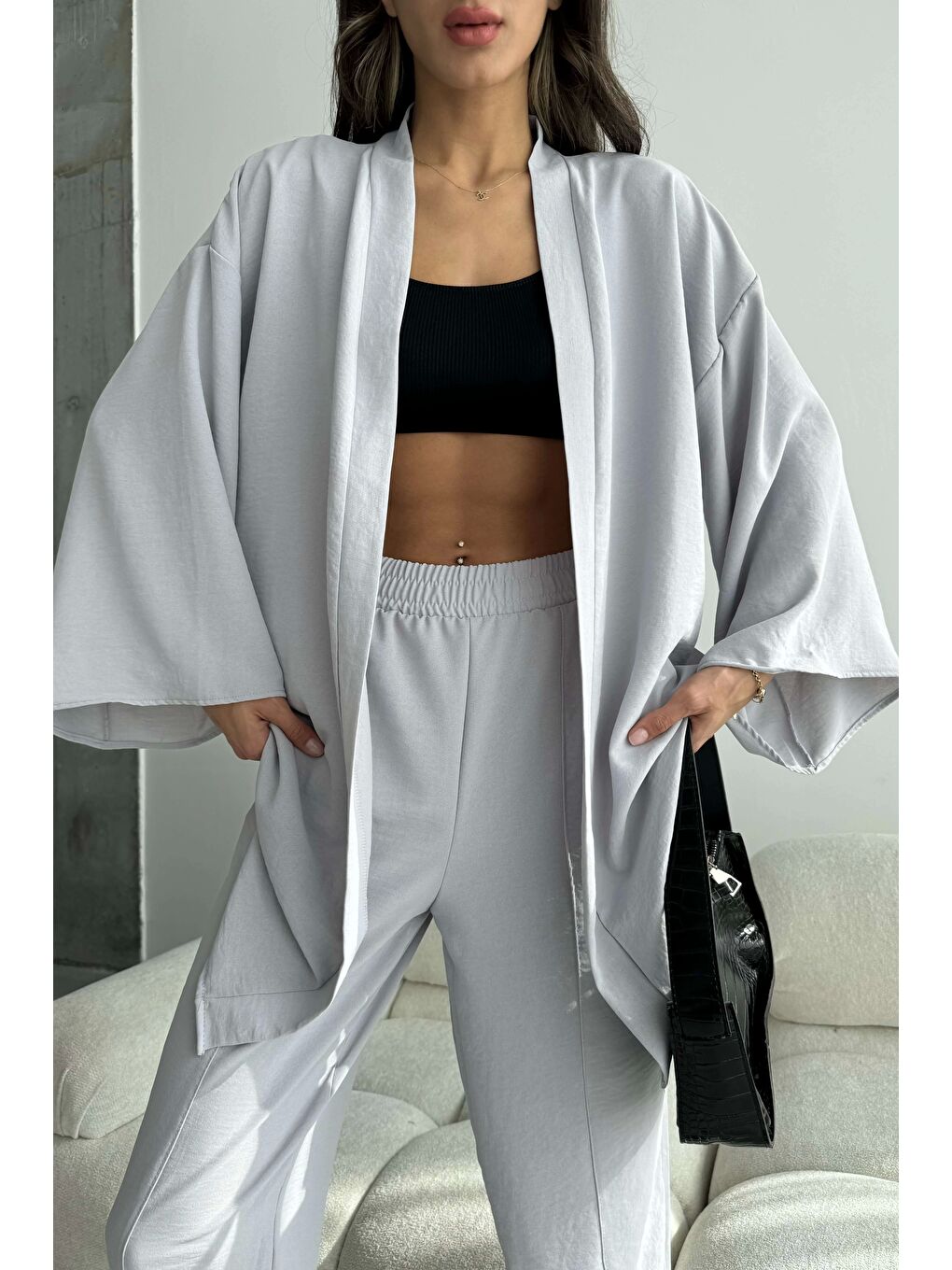 Kadın Gri Kimono Takım 1018-0075-1