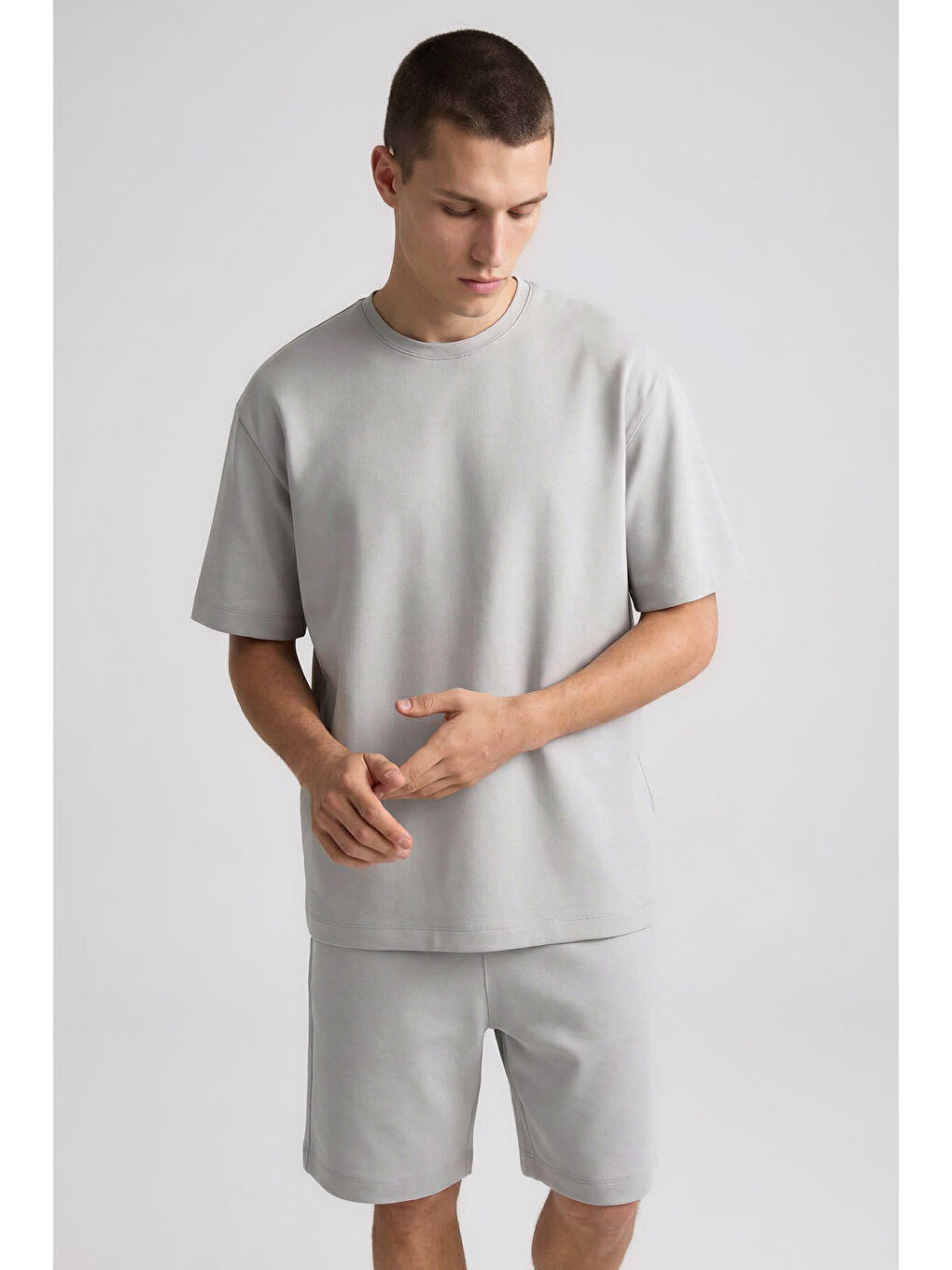 Bej Taş Oversize Fit Basic Erkek Şort Takım - 85292-2