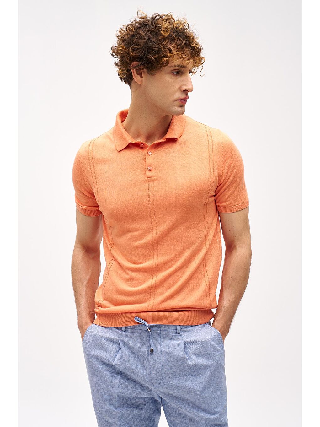 Turuncu Mercan Slim Fit Dar Kalıp Polo Yaka Düz Kısa Kollu Triko Tişört-1