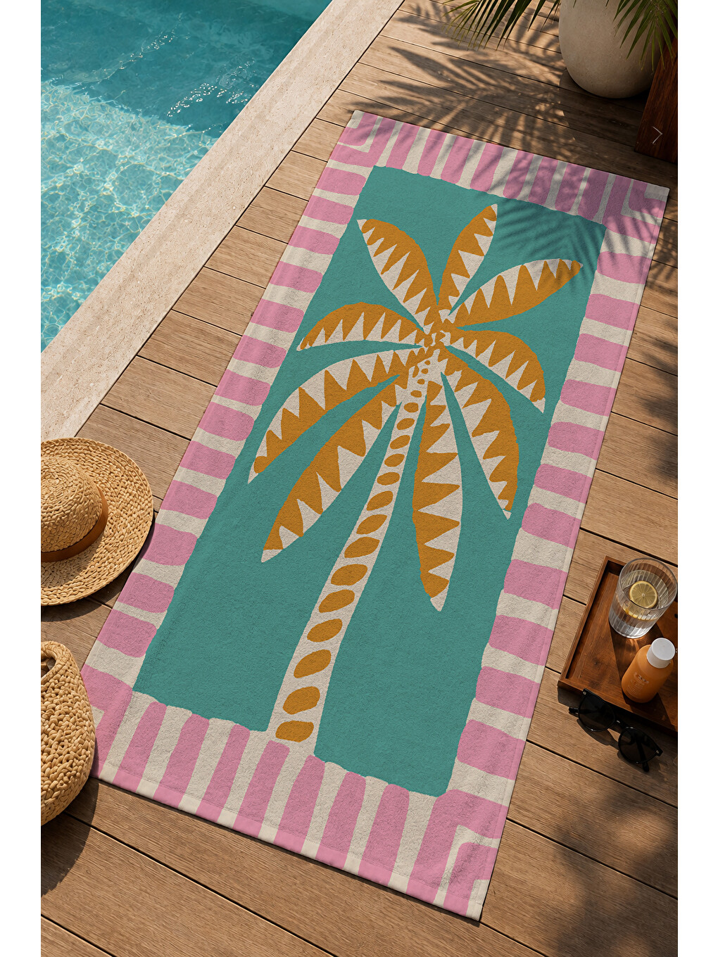 Mint Pembe Çizgili Retro Palmiye Desenli 70x150 Cm Dijital Baskılı Plaj Ve Banyo Havlusu-2