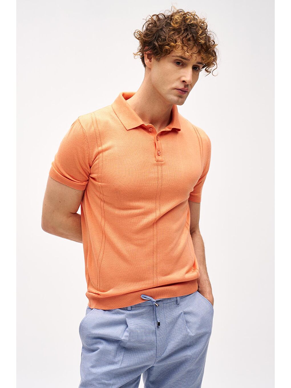 Turuncu Mercan Slim Fit Dar Kalıp Polo Yaka Düz Kısa Kollu Triko Tişört-2