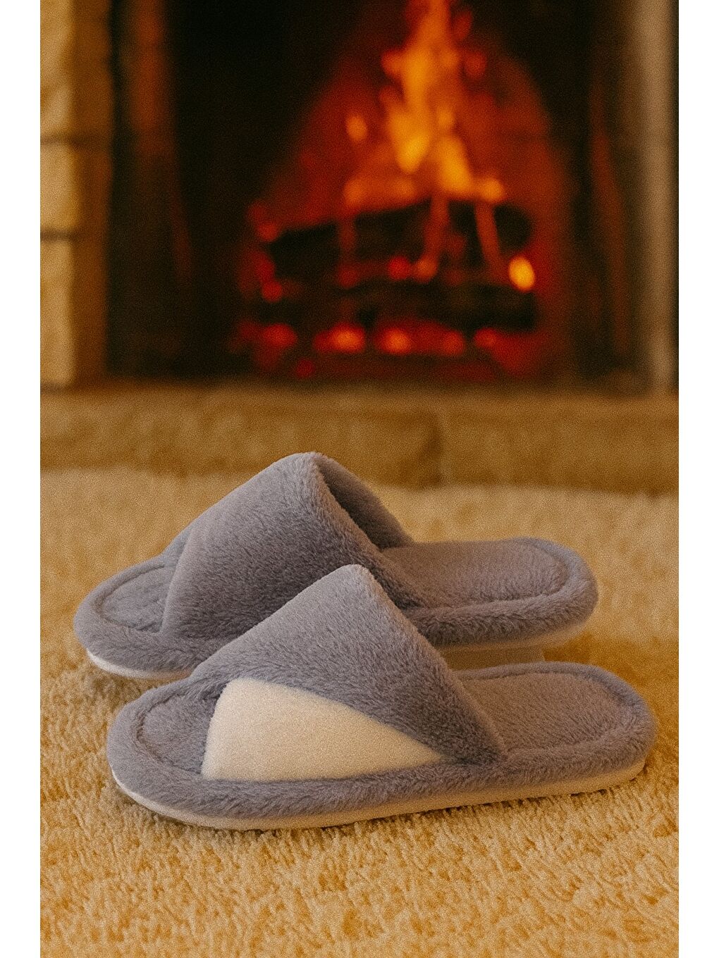 Gri BELLA Çapraz Kadın Ev Terliği Kışlık Terlik Sessiz Taban-1