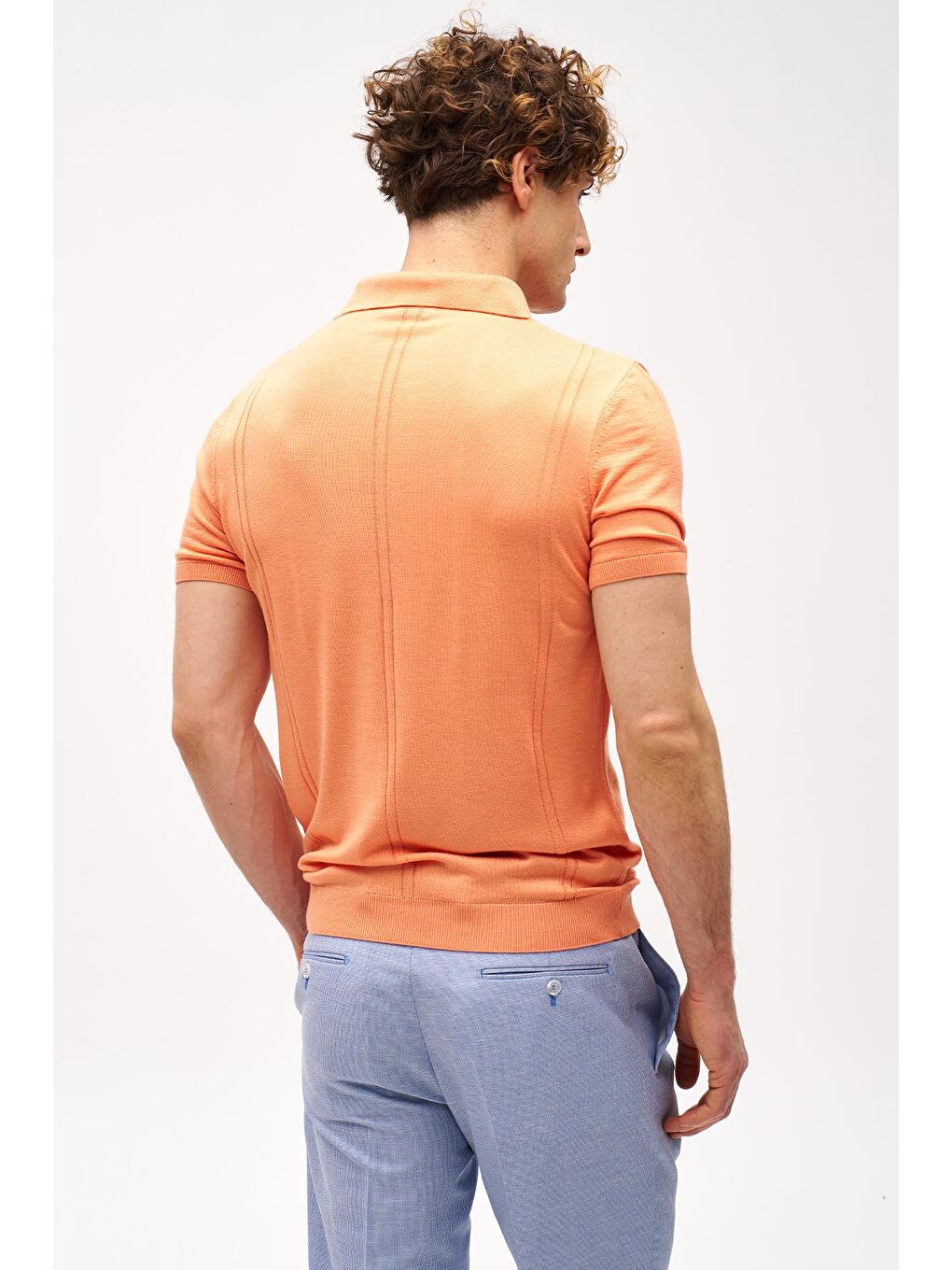 Turuncu Mercan Slim Fit Dar Kalıp Polo Yaka Düz Kısa Kollu Triko Tişört-3