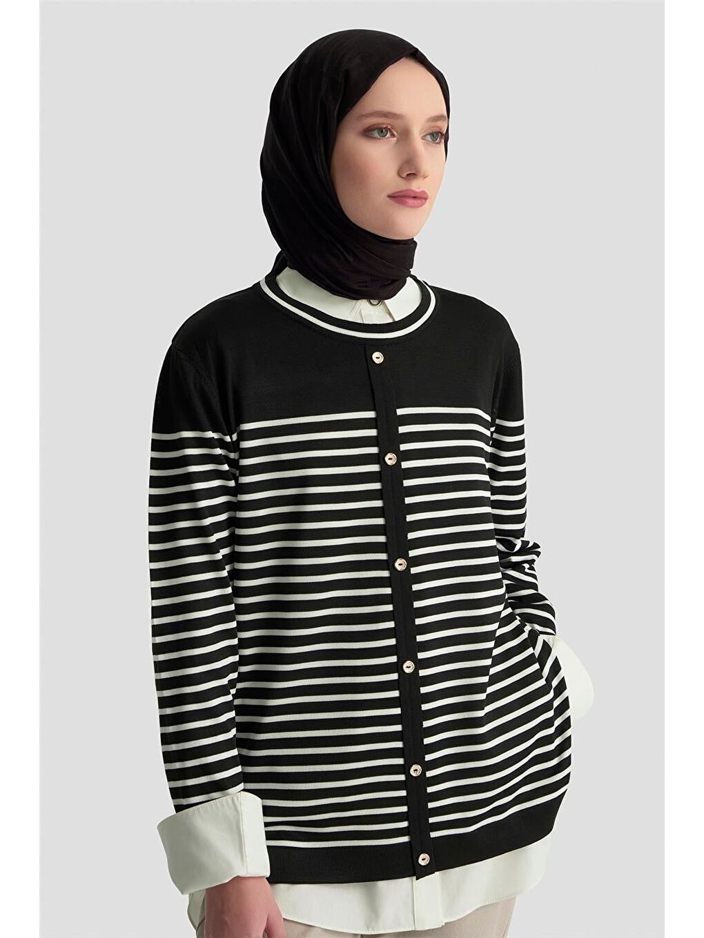 Düğmeli Çizgili Triko Kazak 25Ktd4128 Siyah-3