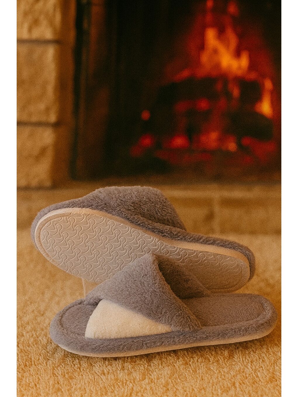 Gri BELLA Çapraz Kadın Ev Terliği Kışlık Terlik Sessiz Taban-2