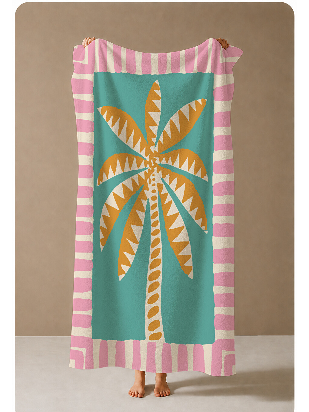 Mint Pembe Çizgili Retro Palmiye Desenli 70x150 Cm Dijital Baskılı Plaj Ve Banyo Havlusu-3