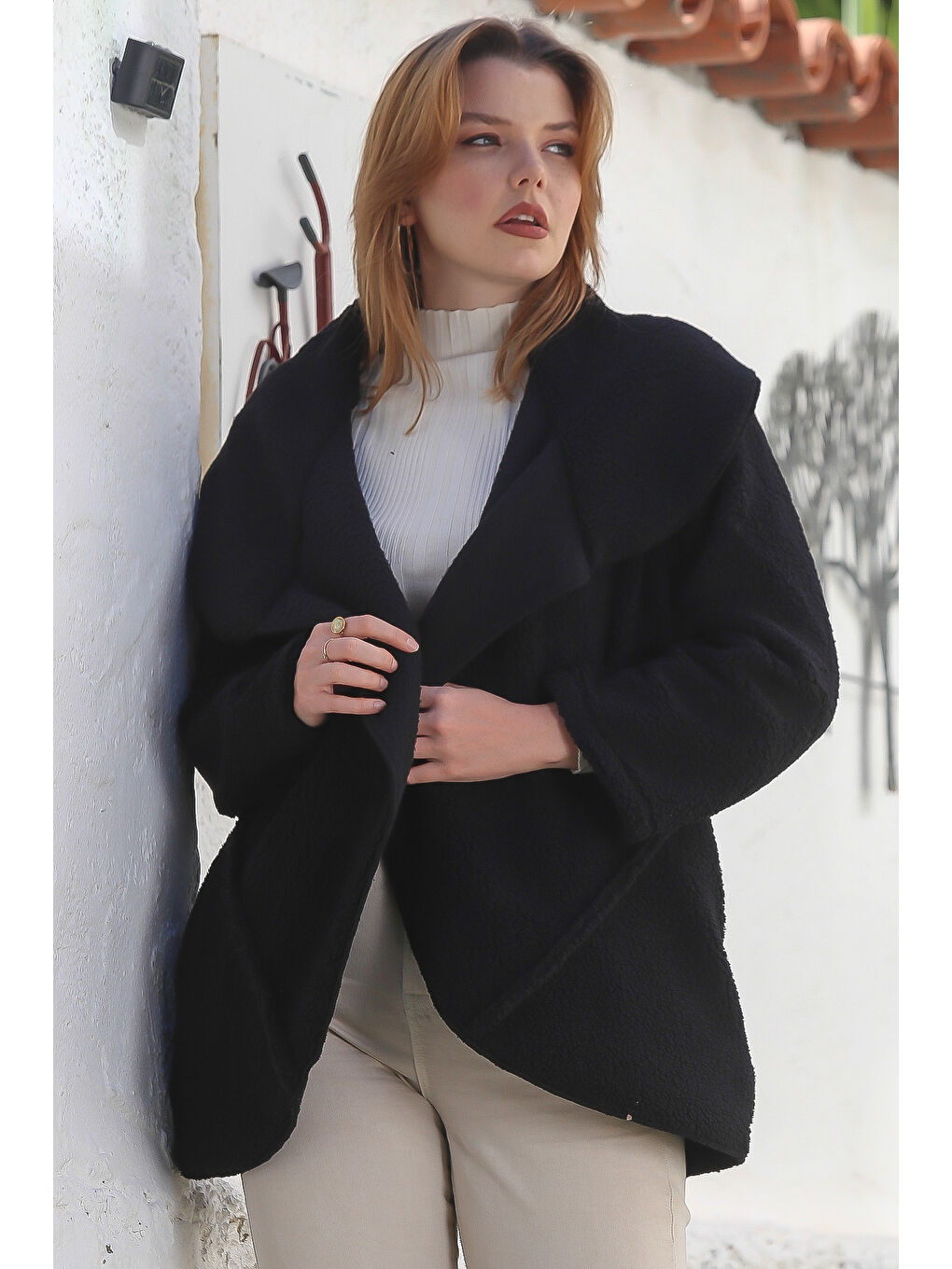 Siyah Şal Yaka Uzun Kol Cepli Casual Pelüş Dokuma Ceket 80 65-2