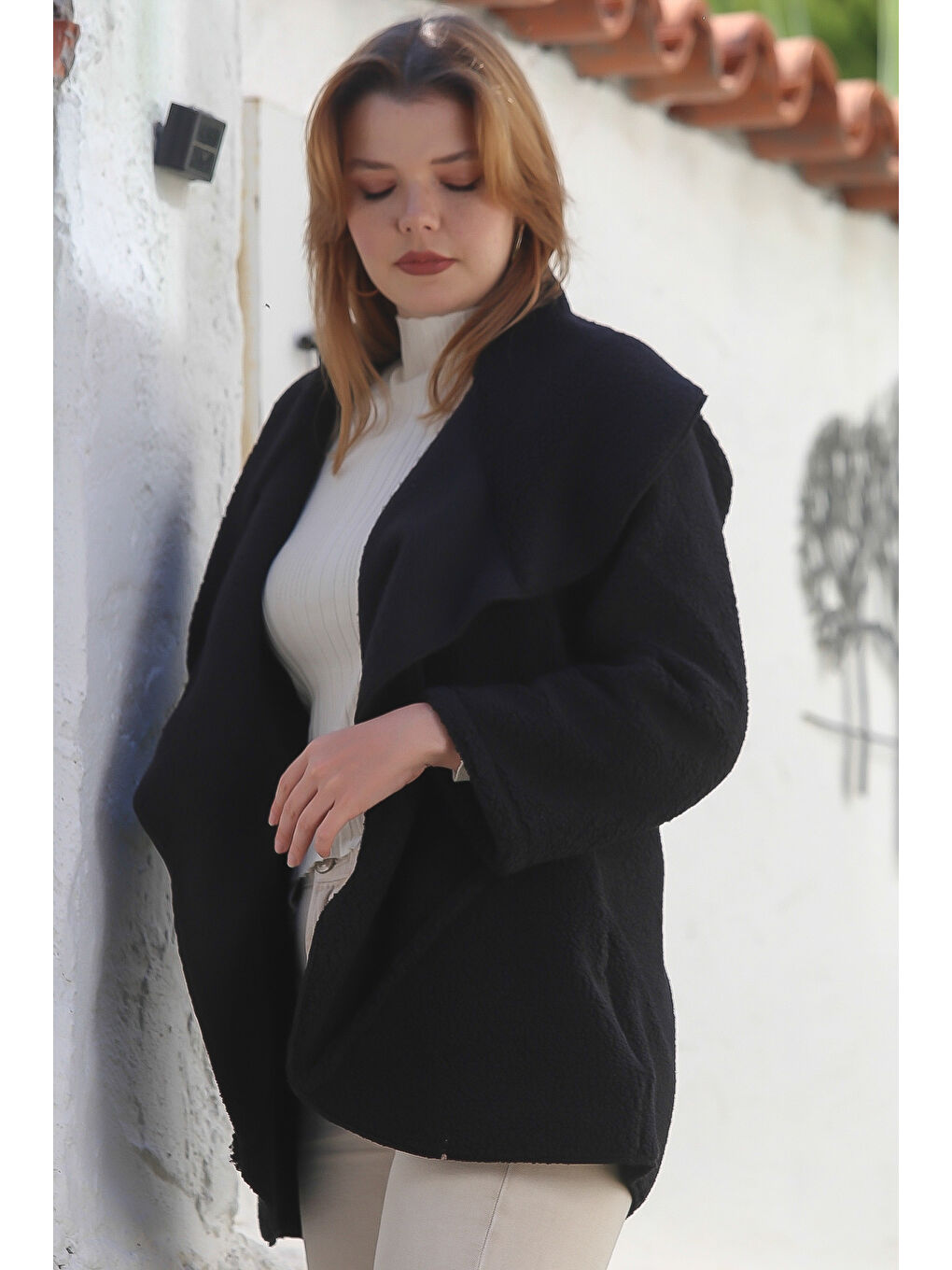 Siyah Şal Yaka Uzun Kol Cepli Casual Pelüş Dokuma Ceket 80 65-3