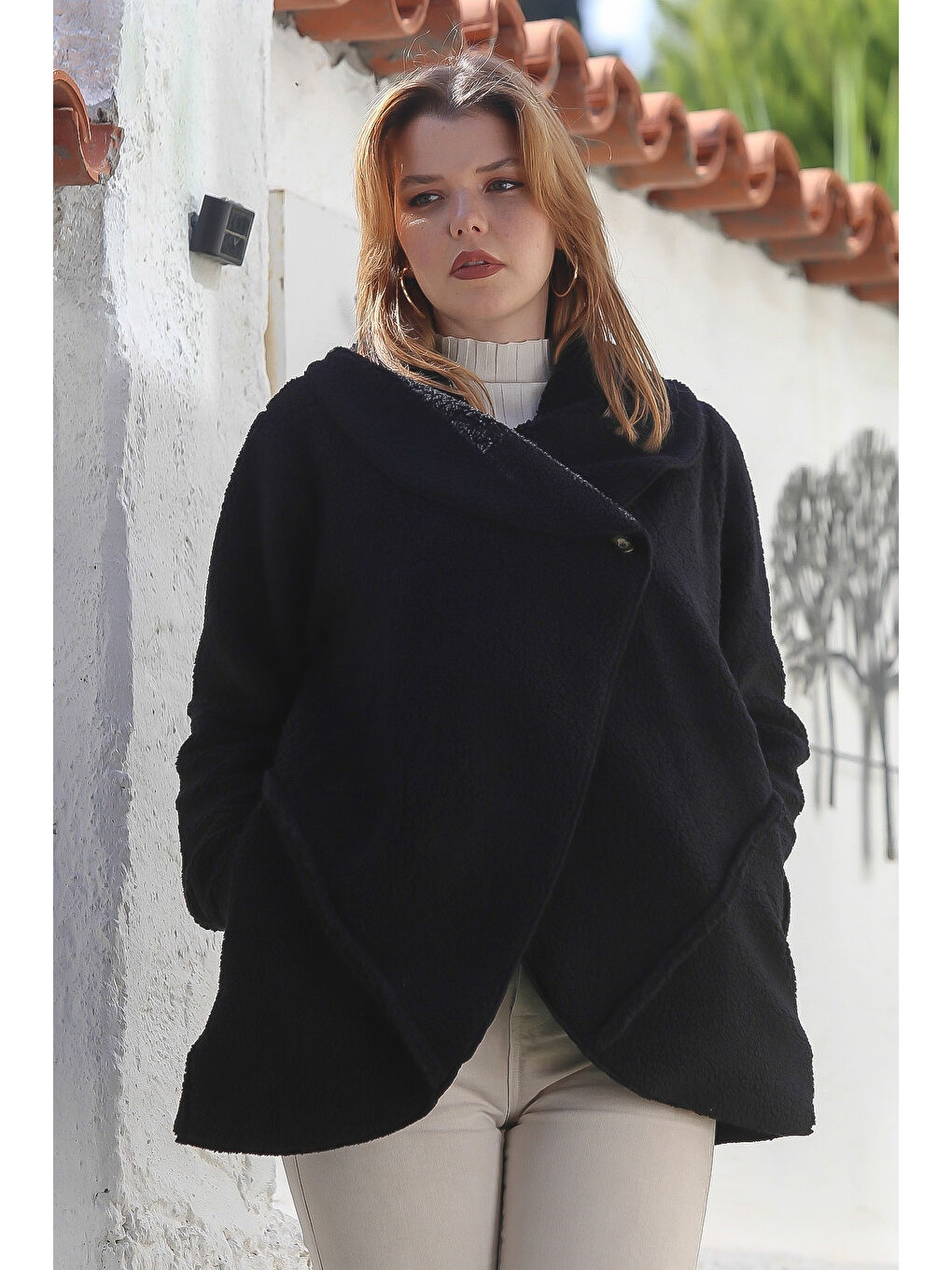 Siyah Şal Yaka Uzun Kol Cepli Casual Pelüş Dokuma Ceket 80 65-4