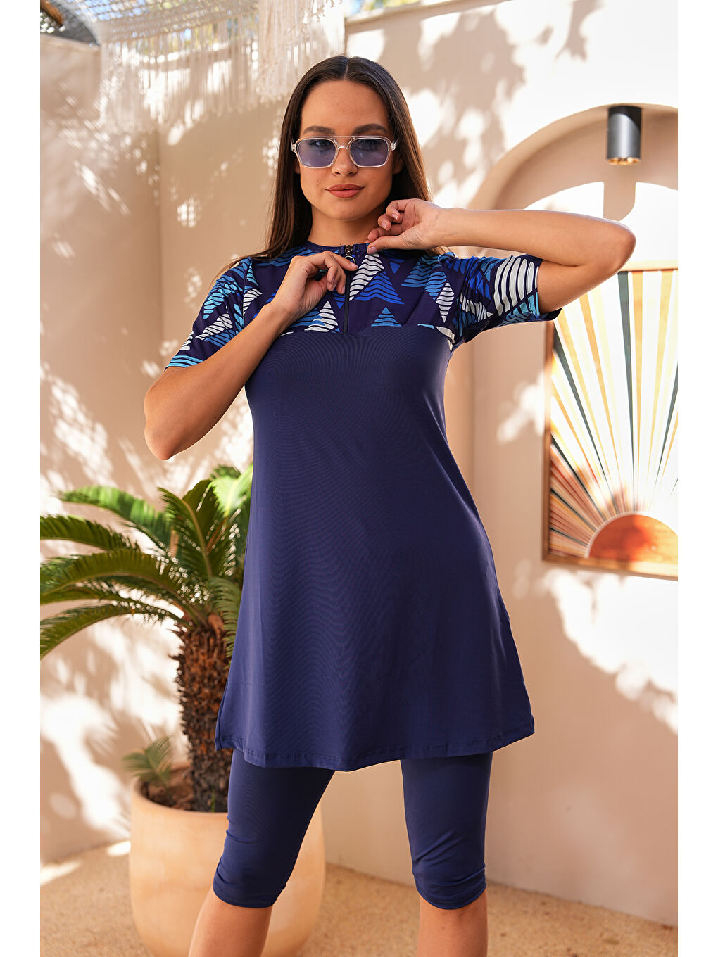 Lacivert Fermuar Detaylı Kısa Kol Yarı Kapalı Tesettür Mayo 3170-1