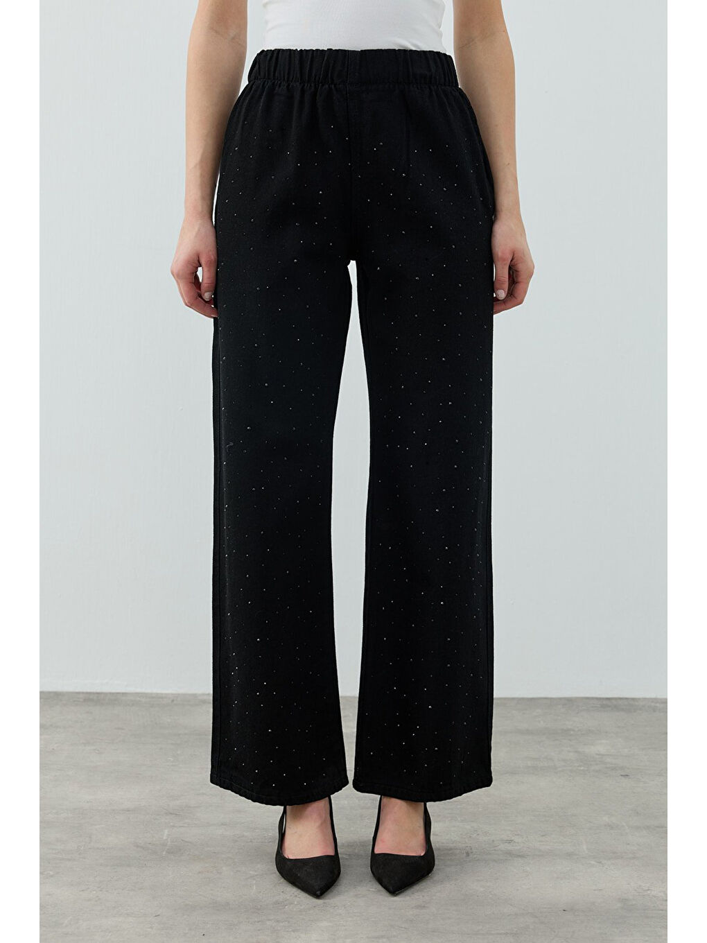Taşlı Palazzo Denim Pantolon 1693 Siyah