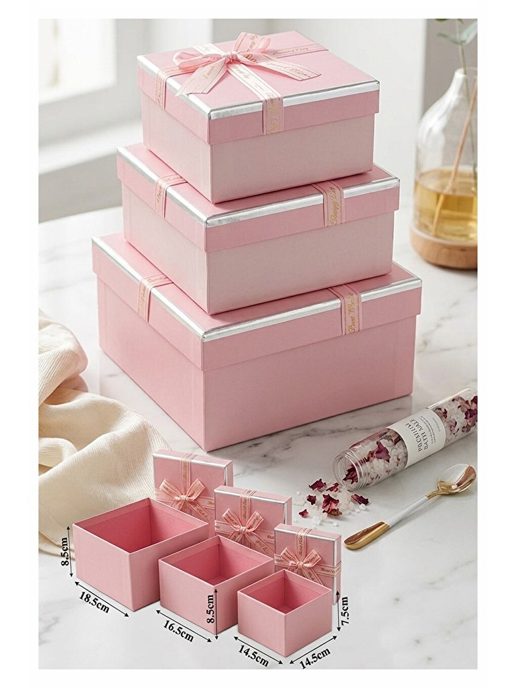 Pembe Hediye Kutusu 3 Lü 1 Paket K-1148 Boş Hediye Kutusu 3 Lü Sevgiliye Özel Kurdelalı Kutu Karton Kutu H