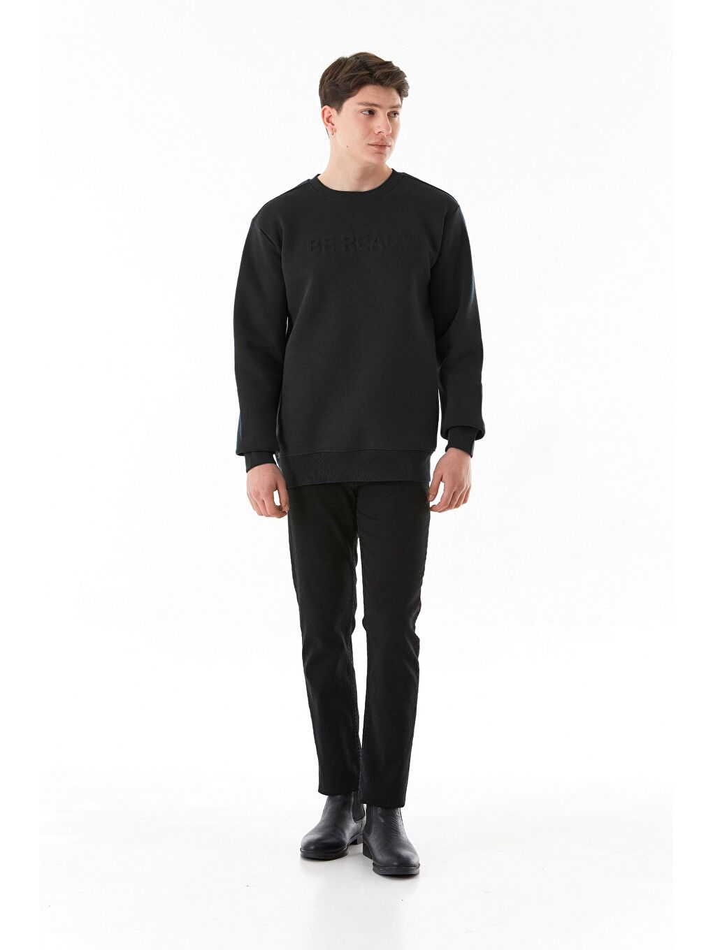 Siyah 3 İplik Be Ready Yazı Kabartmalı Bisiklet Yaka Büyük Beden Sweatshirt