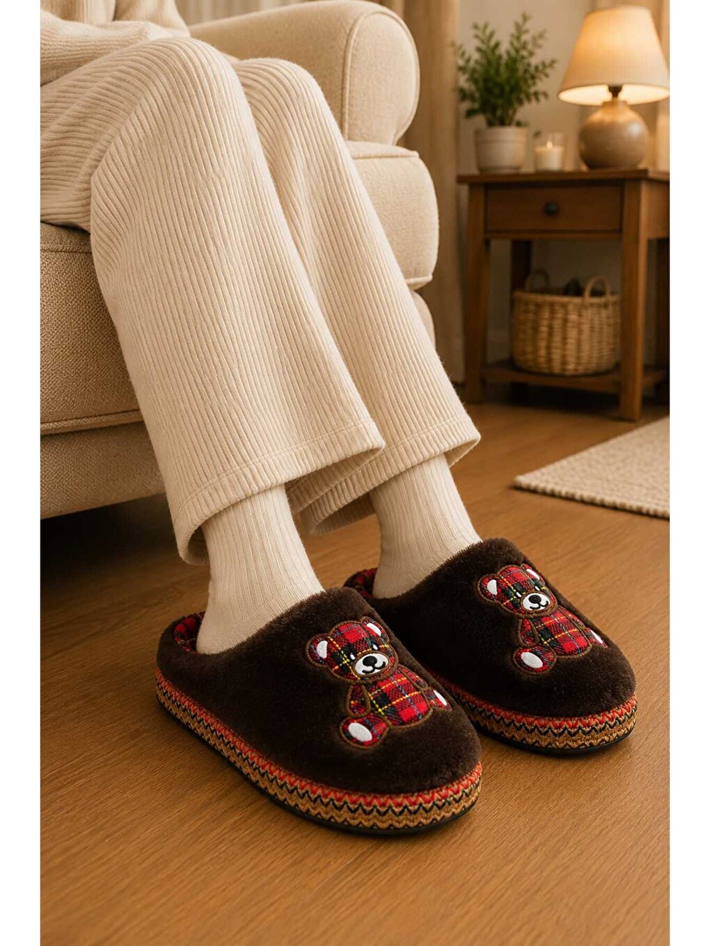 Kahverengi Unisex, Ekose Desenli, Ayı Figürlü, Yumuşak, Pelüş Kışlık Ev Terliği-3