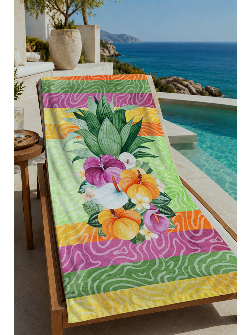 Pembe Tropikal Hibiskus Çiçekli Bordür Desenli 70x150 Cm Dijital Baskılı Plaj Ve Banyo Havlusu