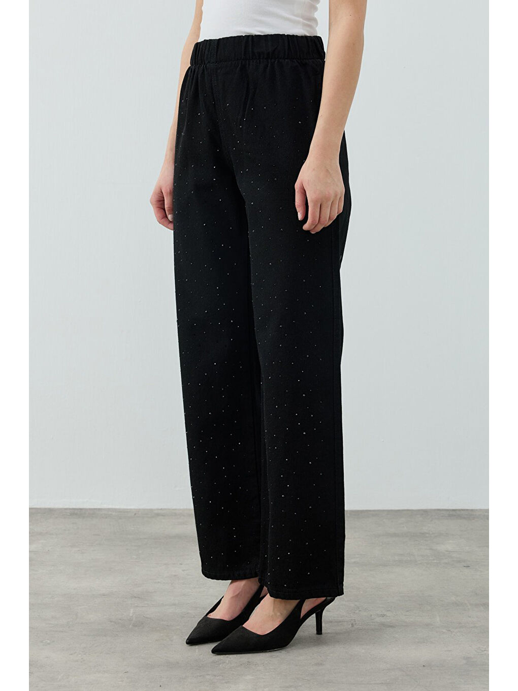 Taşlı Palazzo Denim Pantolon 1693 Siyah-1