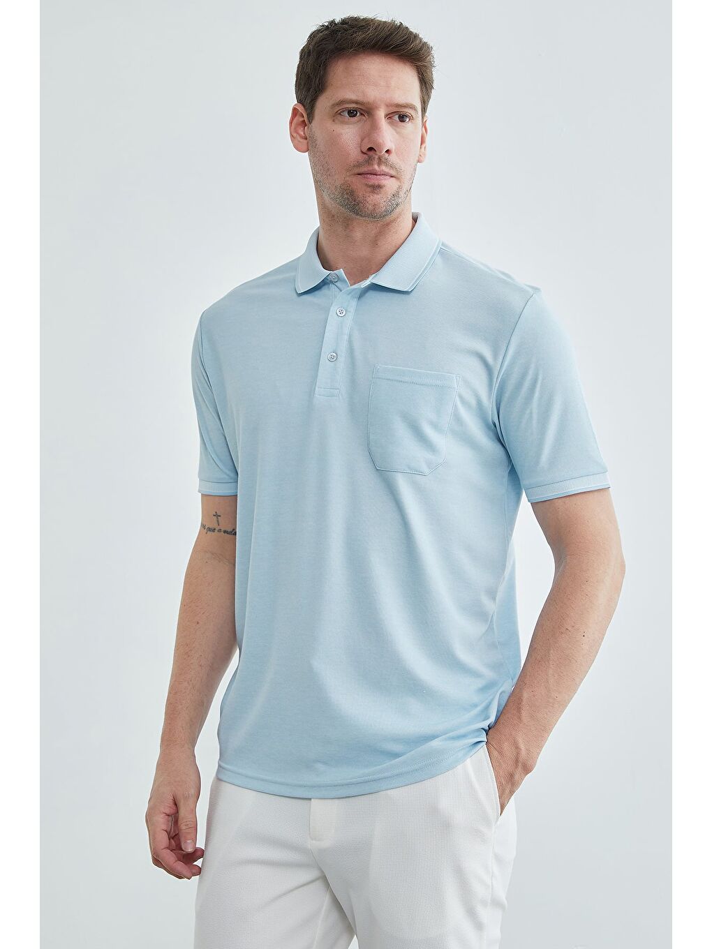 Mavi Tek Cepli Polo Yaka Tişört-1