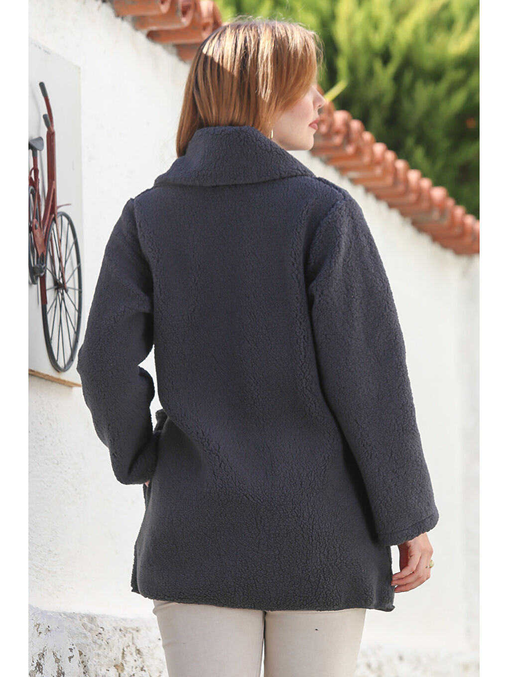 Antrasit Şal Yaka Uzun Kol Cepli Casual Pelüş Dokuma Ceket 80 65-1