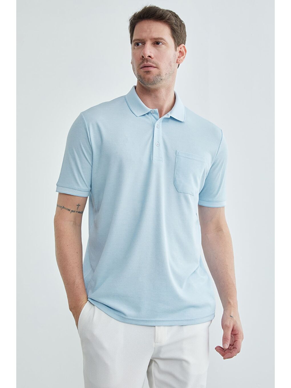 Mavi Tek Cepli Polo Yaka Tişört-4