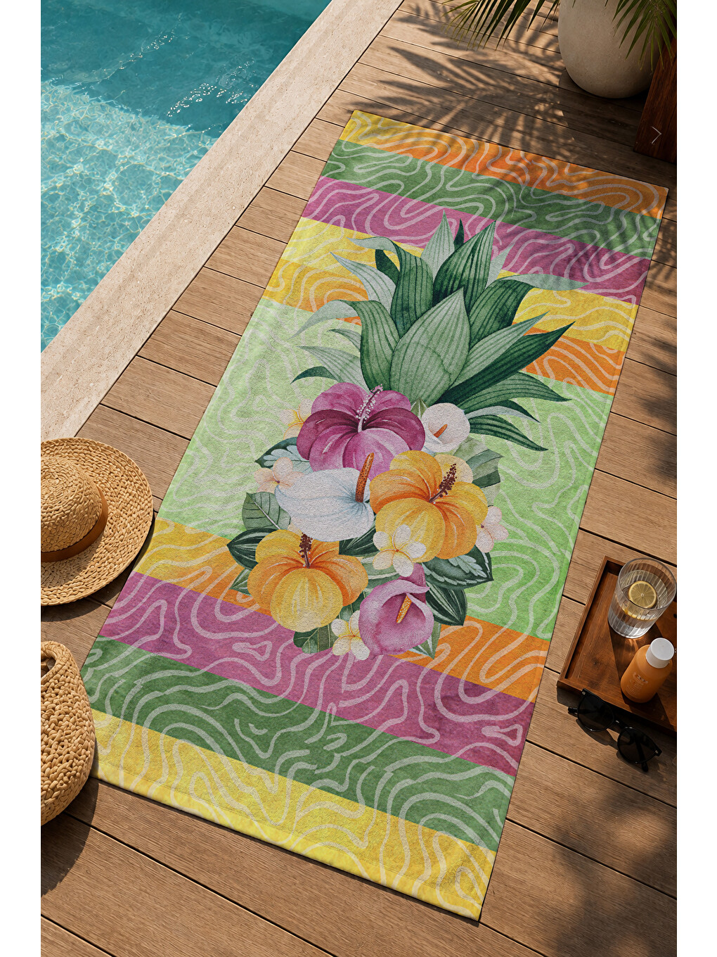 Pembe Tropikal Hibiskus Çiçekli Bordür Desenli 70x150 Cm Dijital Baskılı Plaj Ve Banyo Havlusu-2