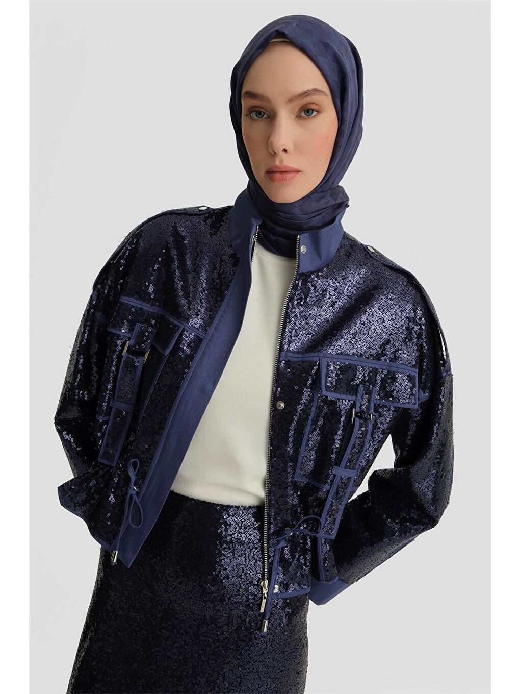 Mavi Kumaş Mixli Payetli Ceket 25Y5916 Puslu Mor-1
