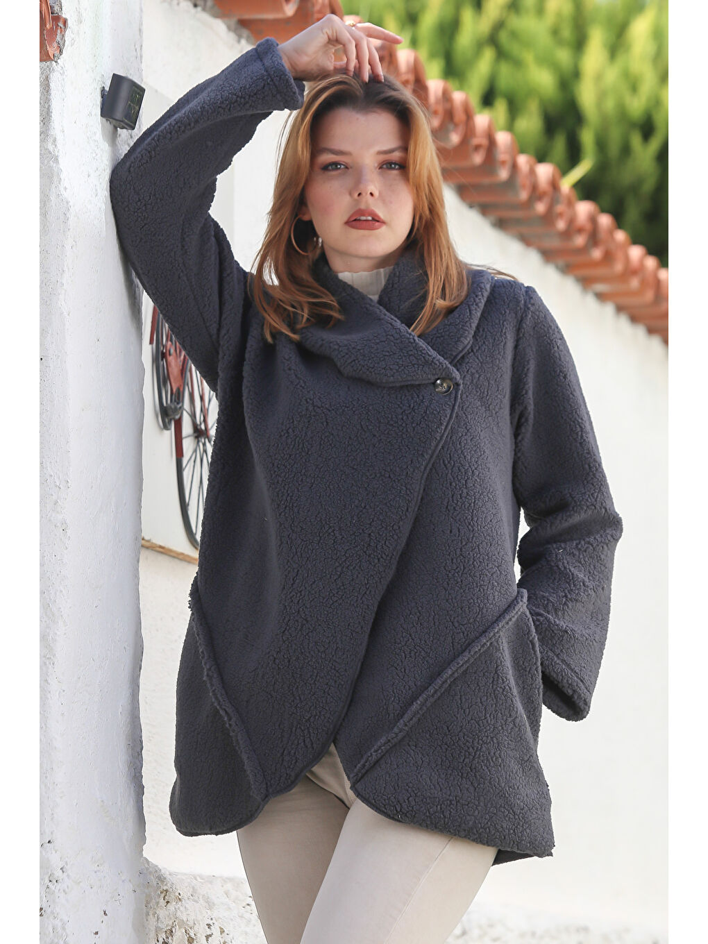 Antrasit Şal Yaka Uzun Kol Cepli Casual Pelüş Dokuma Ceket 80 65-2