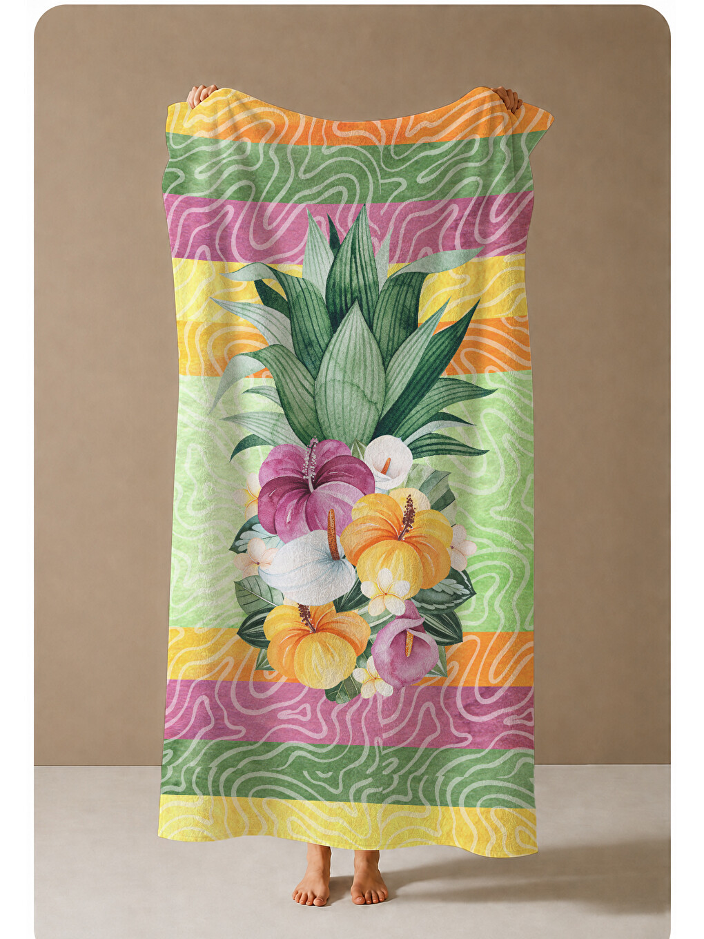 Pembe Tropikal Hibiskus Çiçekli Bordür Desenli 70x150 Cm Dijital Baskılı Plaj Ve Banyo Havlusu-3