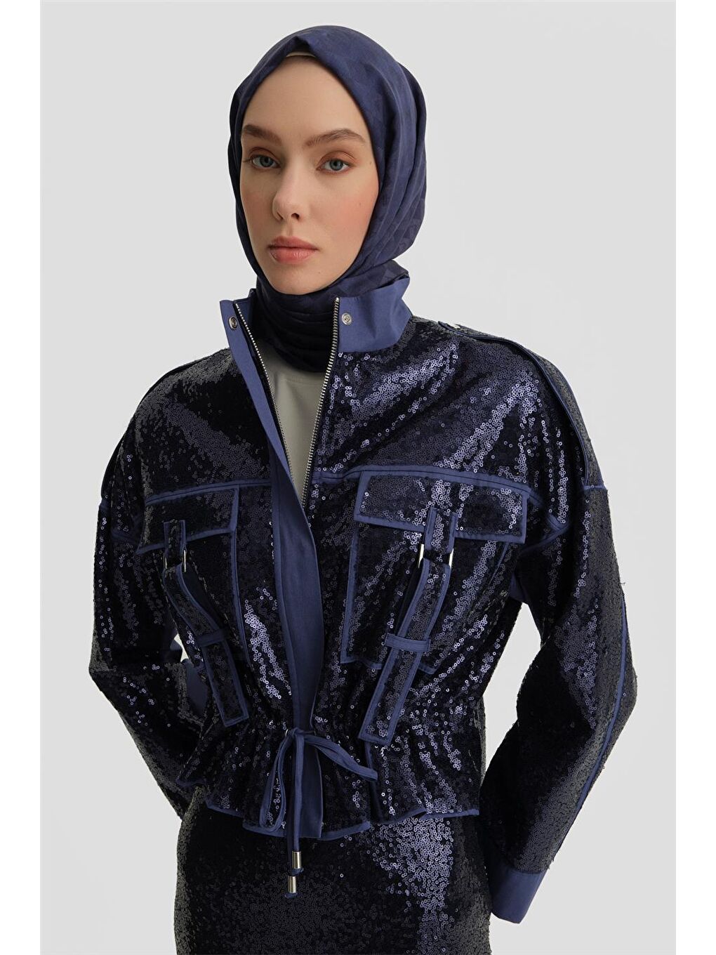 Mavi Kumaş Mixli Payetli Ceket 25Y5916 Puslu Mor-3