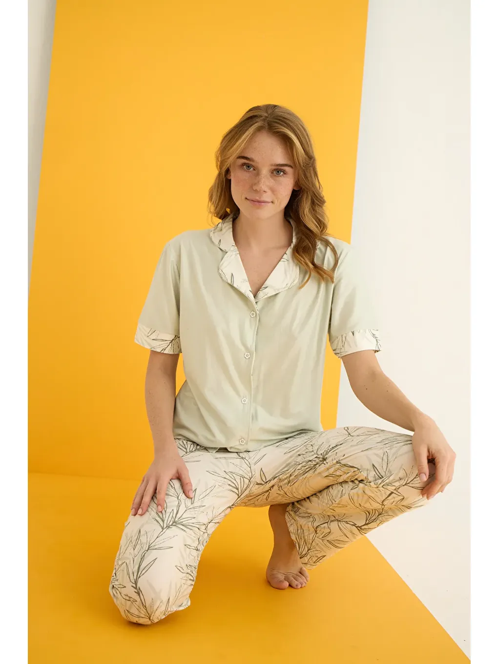 Yeşil Marla Düğmeli Pijama Takımı 7063-10