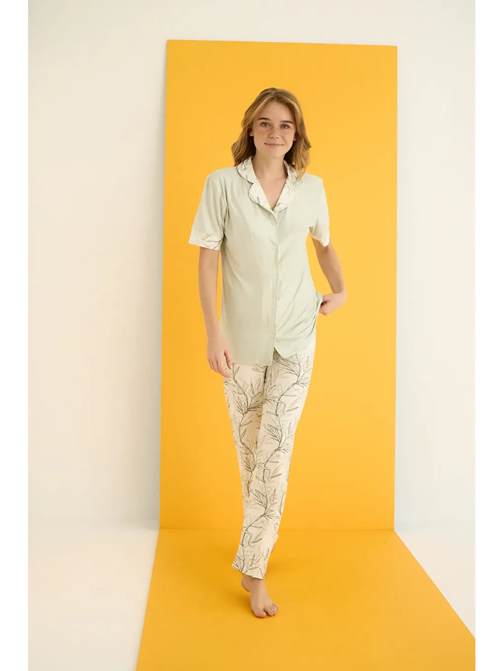 Yeşil Marla Düğmeli Pijama Takımı 7063-10-1