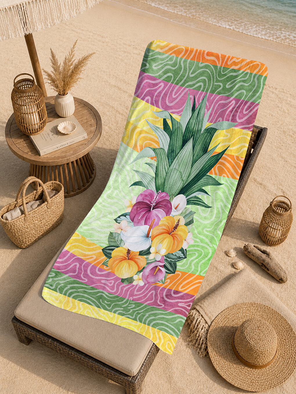 Pembe Tropikal Hibiskus Çiçekli Bordür Desenli 70x150 Cm Dijital Baskılı Plaj Ve Banyo Havlusu-4
