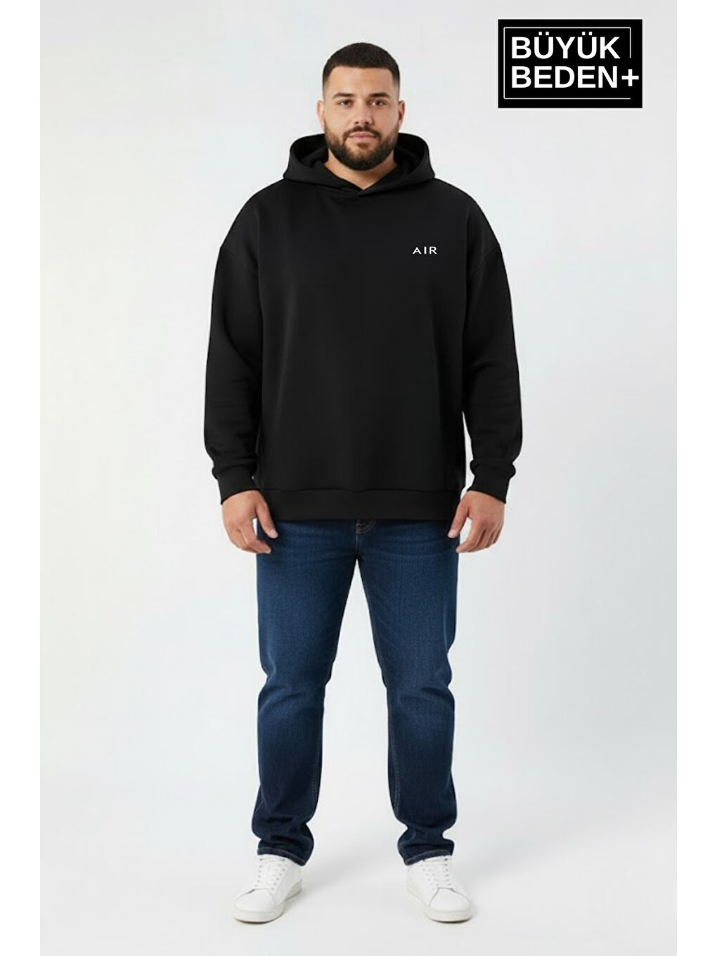 Siyah Erkek Büyük Beden AR Baskılı Kapüşonlu Sweatshirt SPR26BSW963