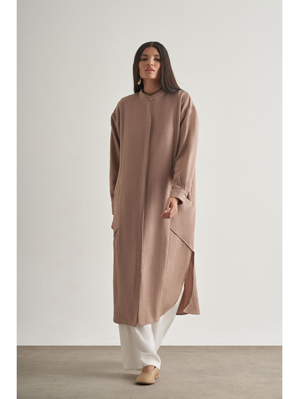 Keten Dokulu Verev Cepli Kahverengi Uzun Tunik-1