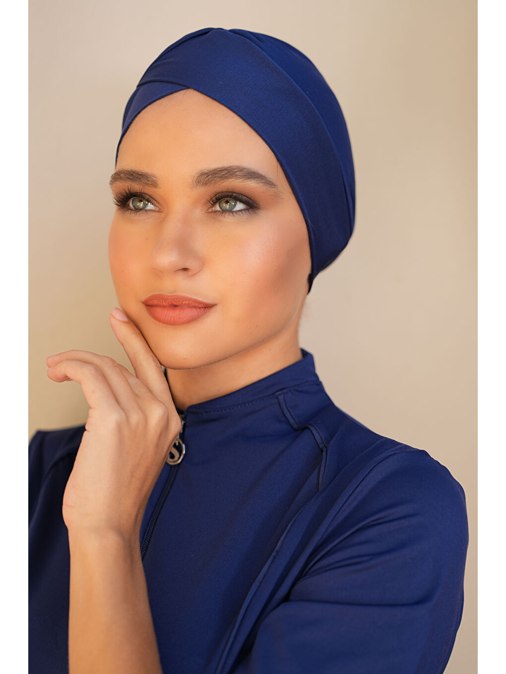 Lacivert Dijital Baskılı Kısa Kol Yarı Kapalı Tesettür Mayo 3181-4