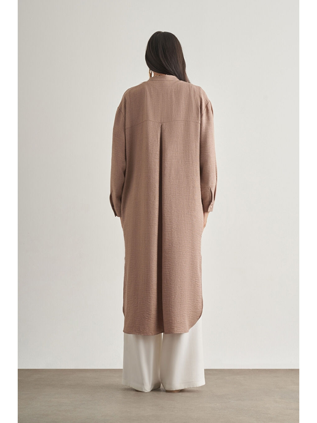 Keten Dokulu Verev Cepli Kahverengi Uzun Tunik-2