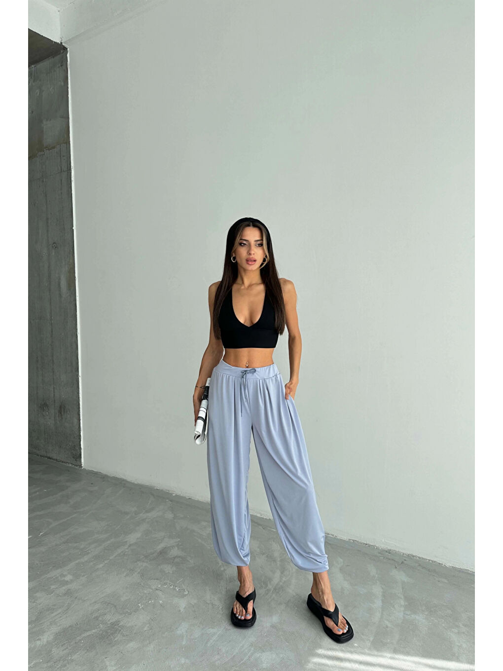 Kadın Gri Bağcıklı Geniş Paça Pantolon 1018-E001-3