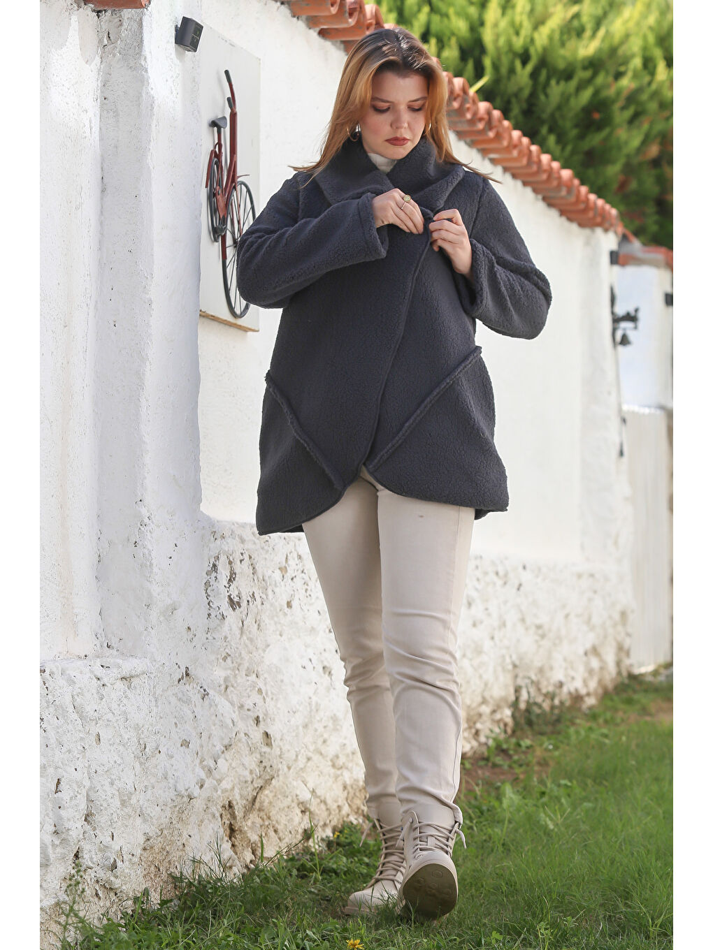 Antrasit Şal Yaka Uzun Kol Cepli Casual Pelüş Dokuma Ceket 80 65-5