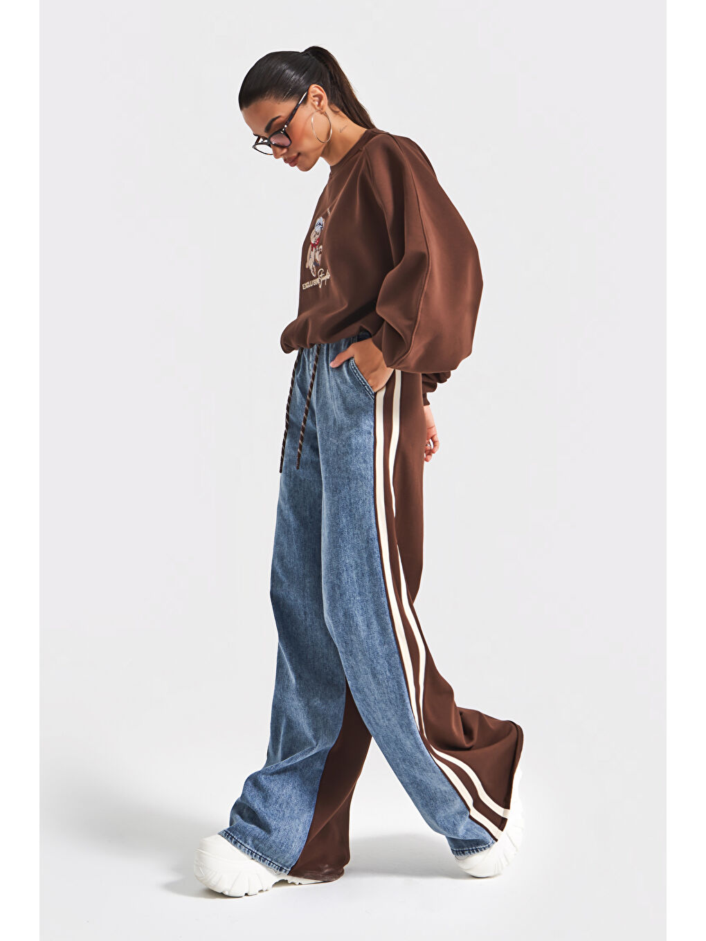 Kahverengi Kadın Kahve Jean Rengi w5-16 Tasarım Sweatshirt Pantolon 2'li Kombin Takım