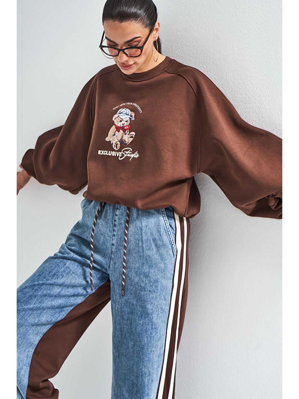 Kahverengi Kadın Kahve Jean Rengi w5-16 Tasarım Sweatshirt Pantolon 2'li Kombin Takım-1