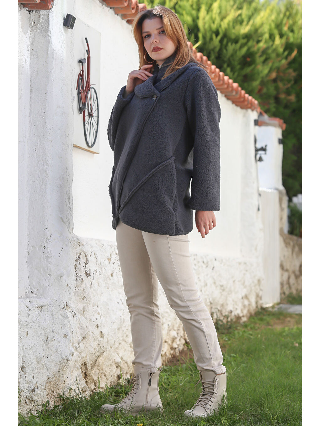 Antrasit Şal Yaka Uzun Kol Cepli Casual Pelüş Dokuma Ceket 80 65-6