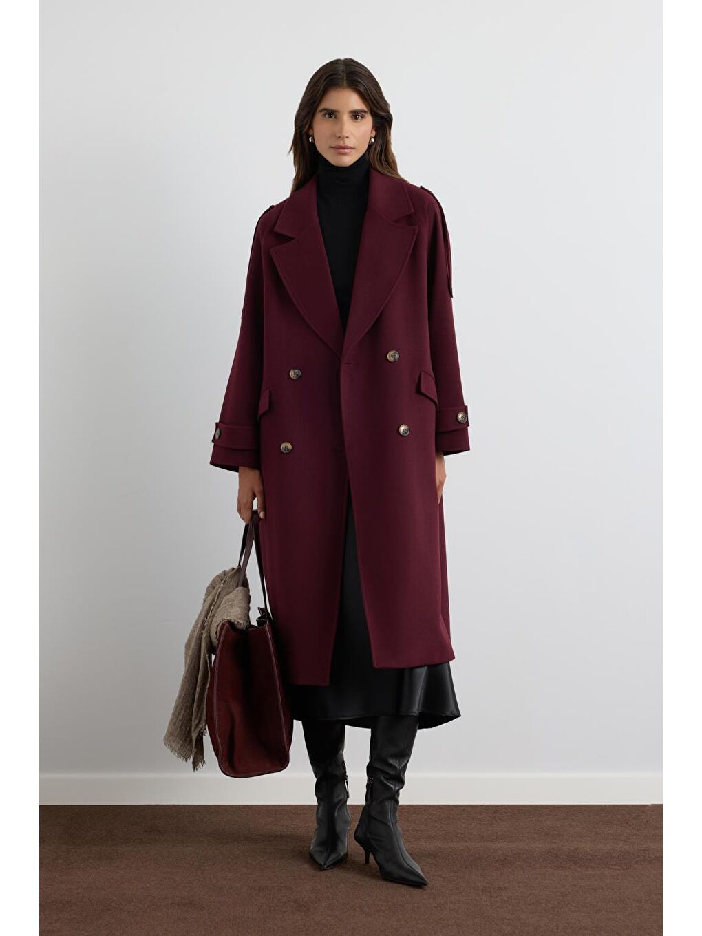 Kruvaze Yaka Apolet Detaylı Kaşe Kaban Bordo-3