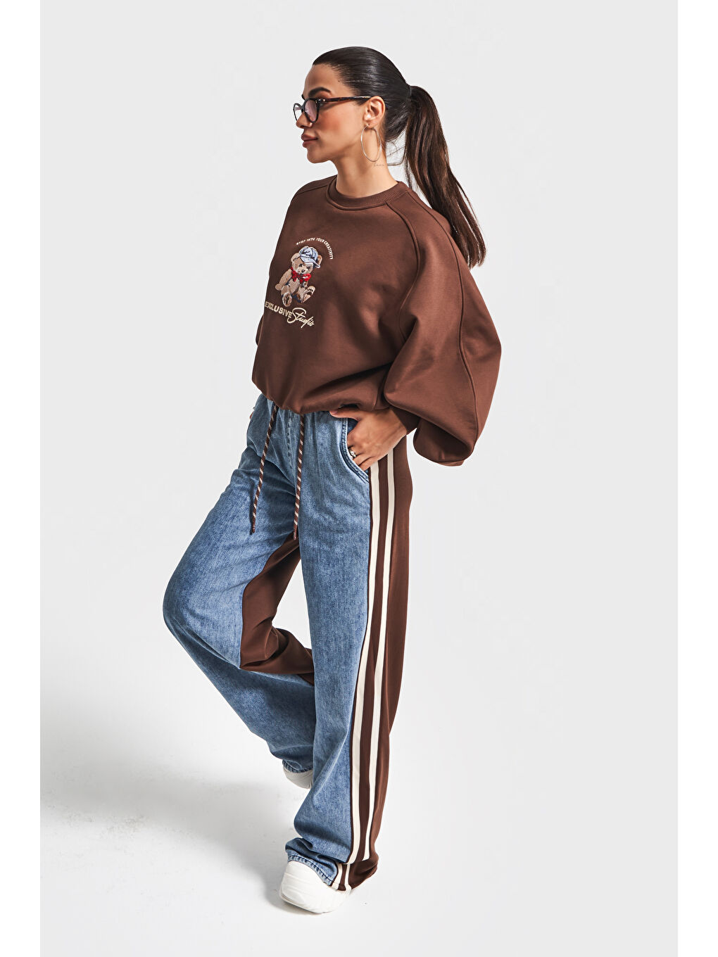 Kahverengi Kadın Kahve Jean Rengi w5-16 Tasarım Sweatshirt Pantolon 2'li Kombin Takım-2