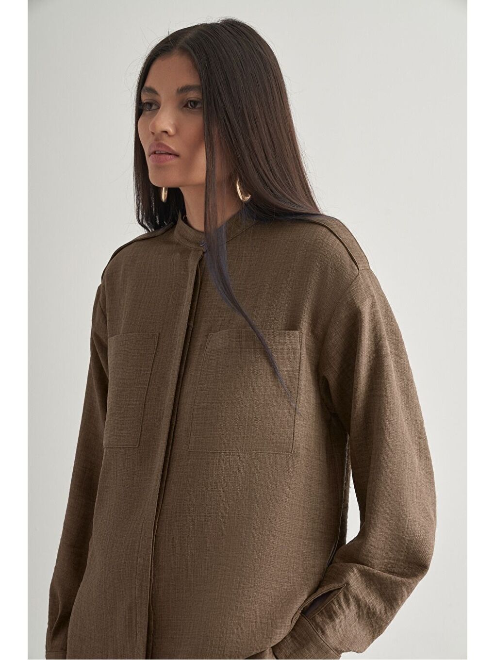 Keten Dokulu Apoletli Kahverengi Tunik-1