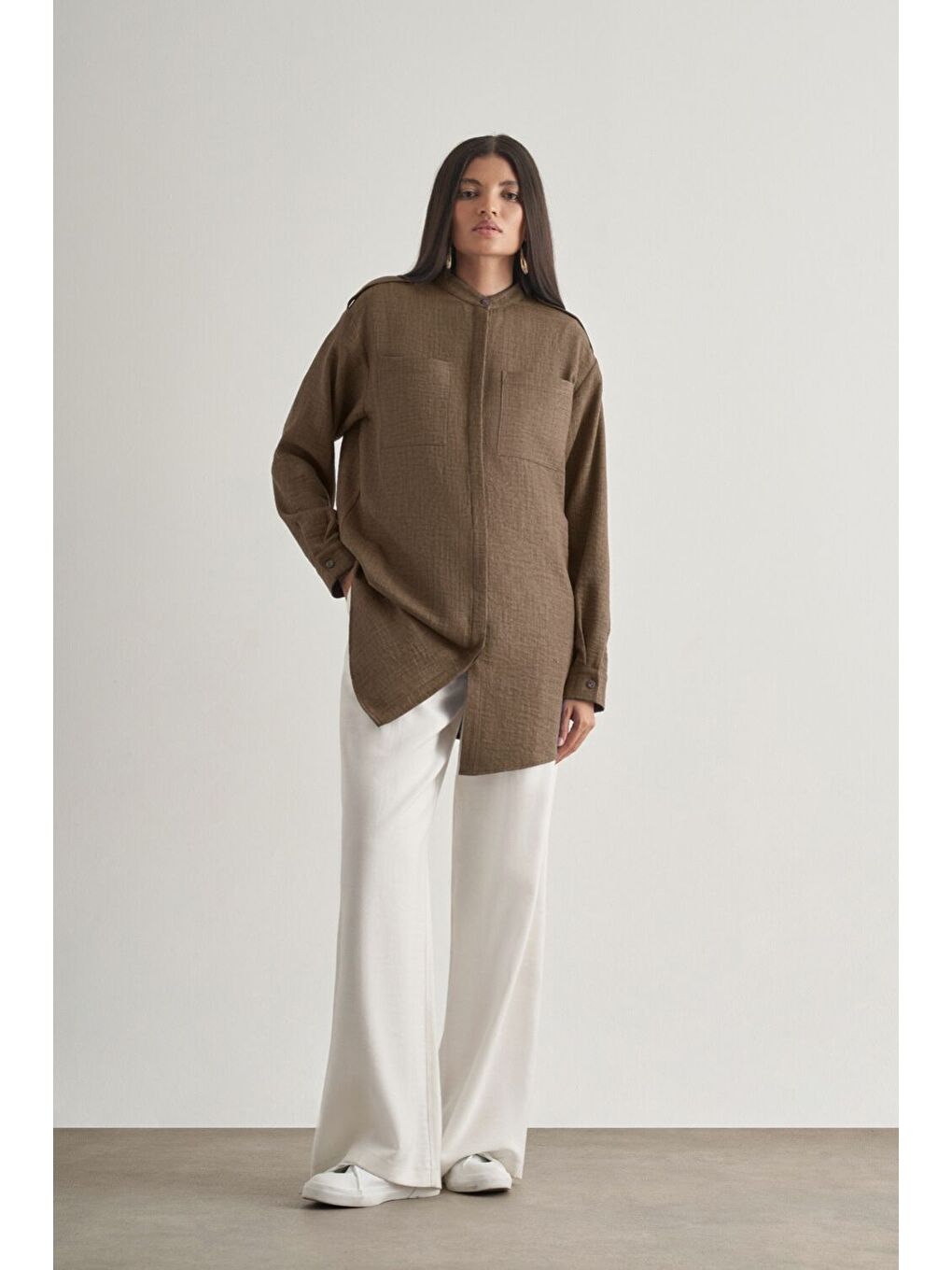 Keten Dokulu Apoletli Kahverengi Tunik-2
