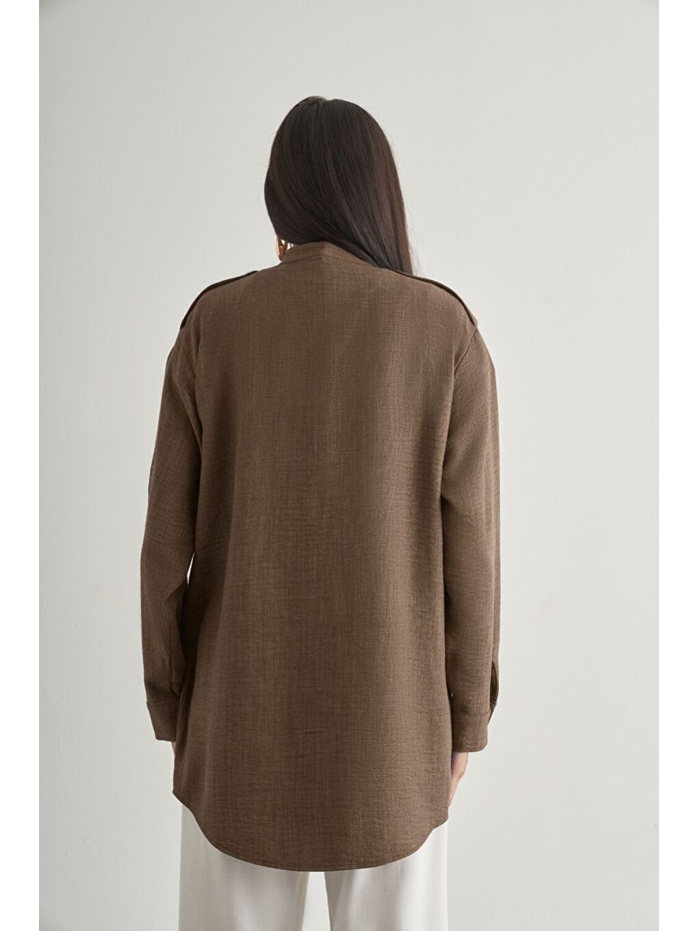 Keten Dokulu Apoletli Kahverengi Tunik-3