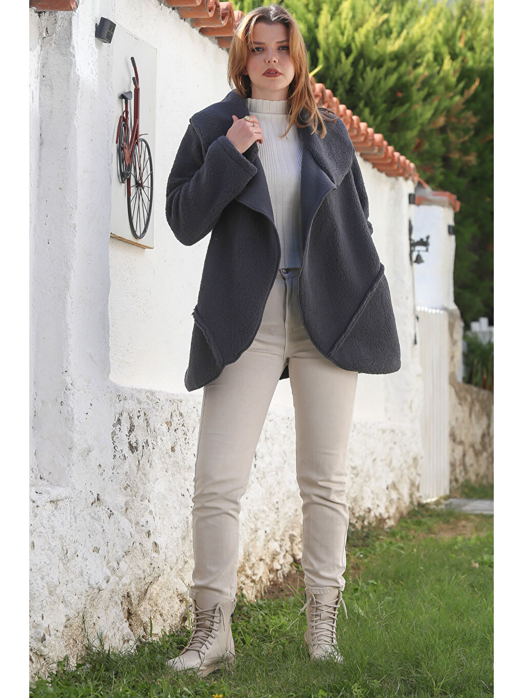 Antrasit Şal Yaka Uzun Kol Cepli Casual Pelüş Dokuma Ceket 80 65-7