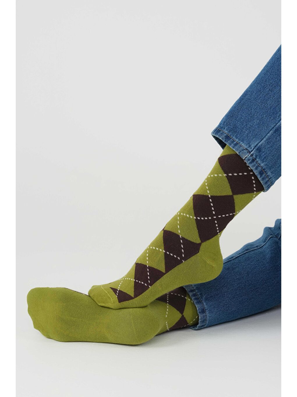 Yeşil Baklava Desen Diz Altı Çorap Yosun-Acı Kahve-1