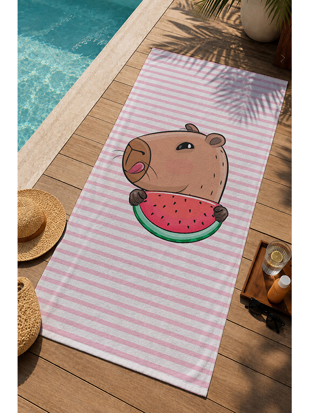 Pembe Çizgili Ve Karpuz Desenli 70x150 Cm Dijital Baskılı Plaj Ve Banyo Havlusu-2