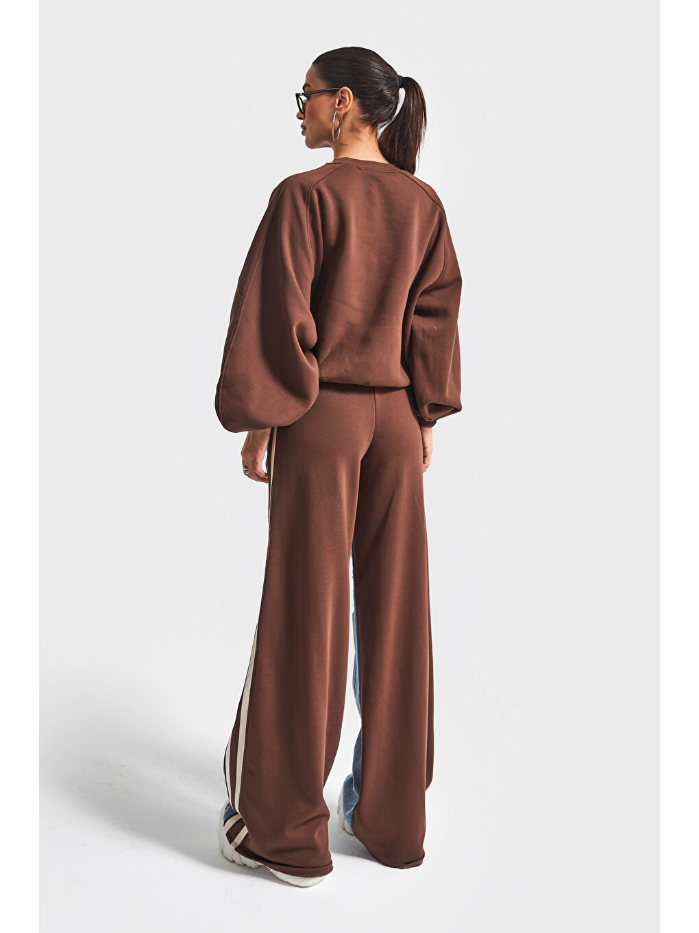 Kahverengi Kadın Kahve Jean Rengi w5-16 Tasarım Sweatshirt Pantolon 2'li Kombin Takım-3